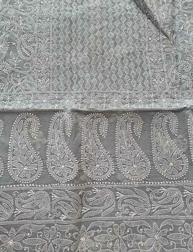 Grey Swiss Voile Chikankari Shirt Piece Embellished with Mukesh