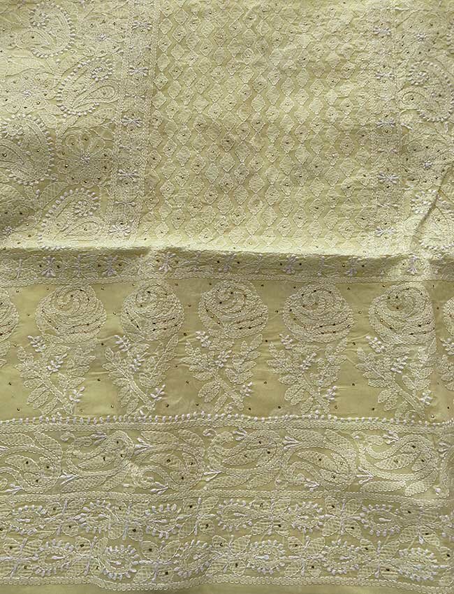 Lemon Yellow Swiss Voile Chikankari Shirt Piece Embellished with Mukesh