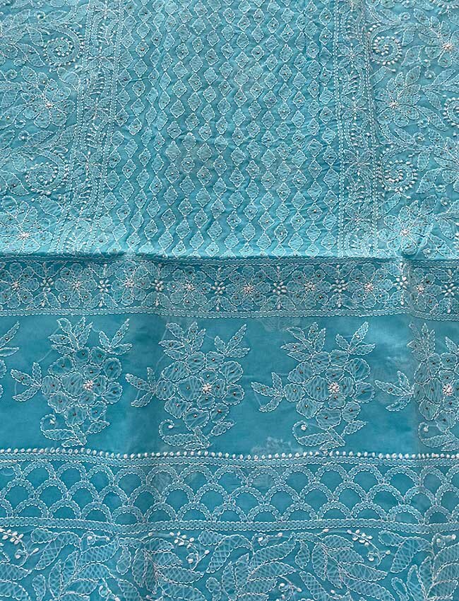 Blue Swiss Voile Chikankari Shirt Piece Embellished with Mukesh