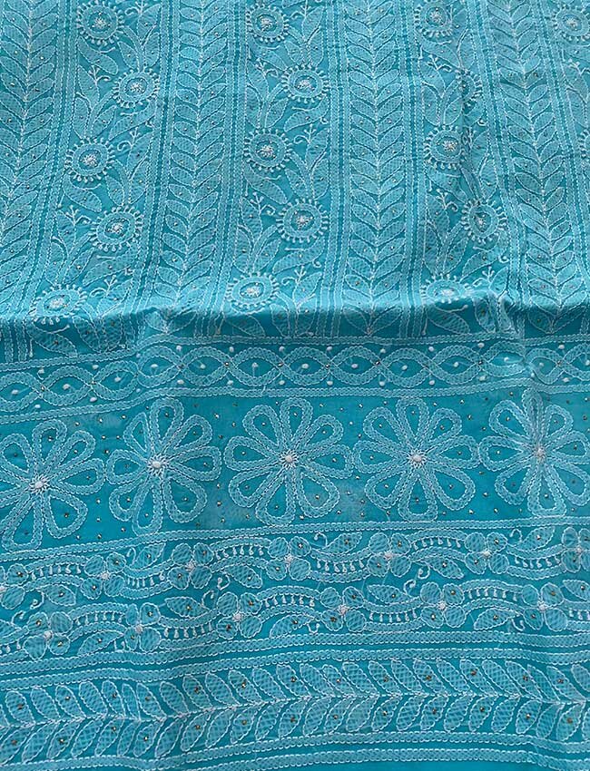 Blue Swiss Voile Chikankari Shirt Piece Embellished with Mukesh