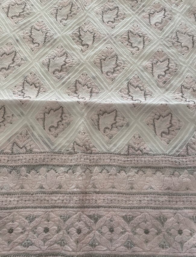 Light Pink & Grey on off-white Swiss Voile Chikankari Shirt piece with Intricate hand jaali work