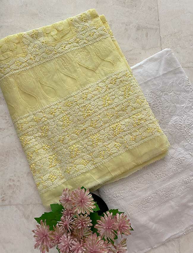 Lemon Yellow Swiss Voile Net Panel Chikankari Shirt Piece