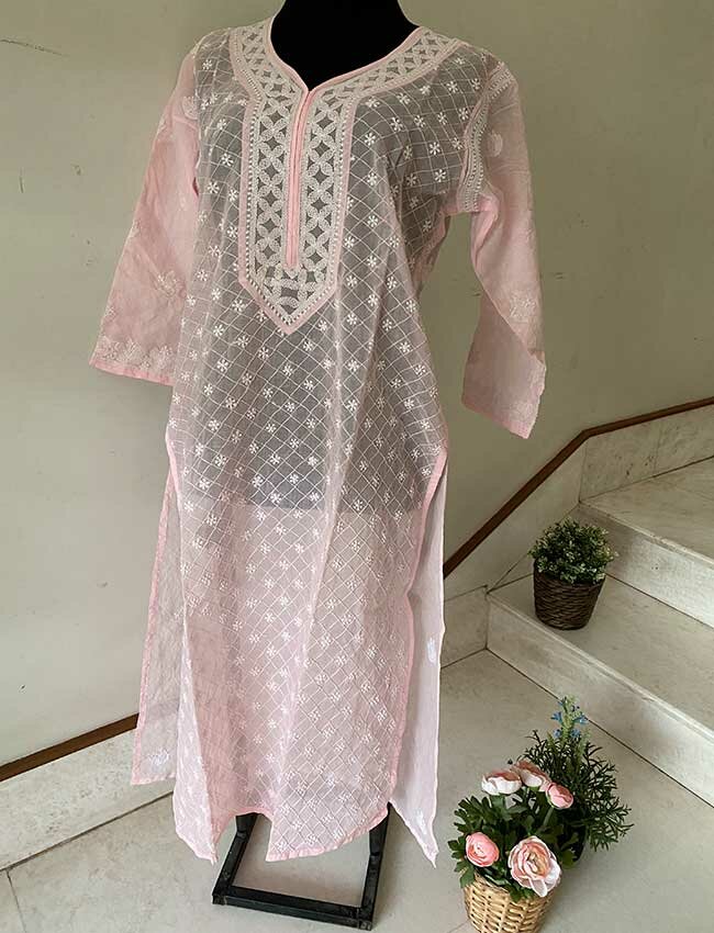 Light Pink Chikankari Stitched Kurta with Pin Tucks