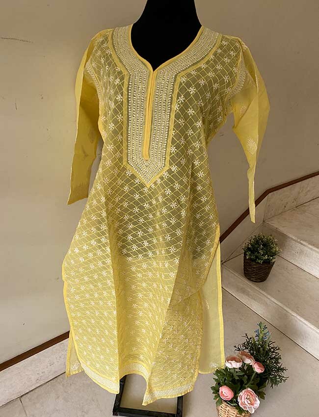 Yellow Chikankari Stitched Kurta with Pin Tucks