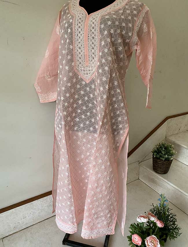 Soft Peach Chikankari Stitched Kurta with Pin Tucks