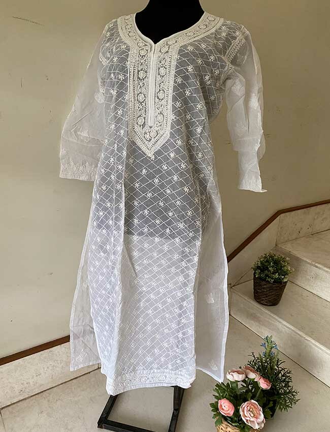 White Chikankari Stitched Kurta with Pin Tucks